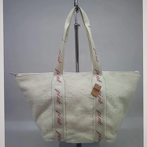 Pink Victoria Secret White Faux Fur Tote Handbag Tote Purse New - Picture 1 of 4